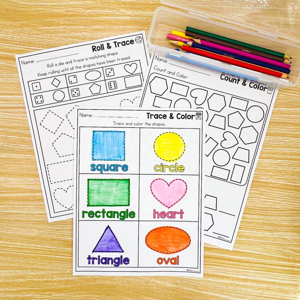 Three shape worksheets: Trae and Color, Roll and Trace, Count and Color