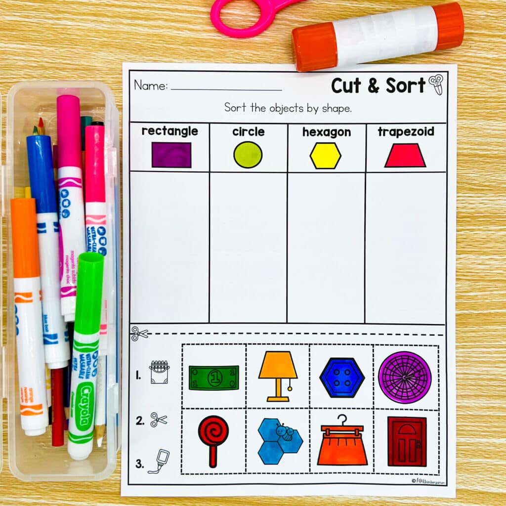 A cut and sort activity that has been colored and is ready for cutting and sorting