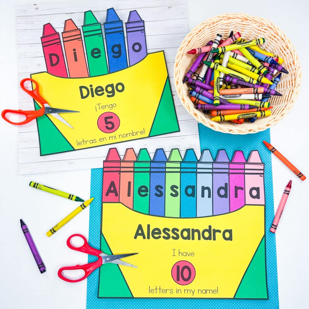 Crayon box name craft for Diego and Alessandra with crayon boxes in English and Spanish