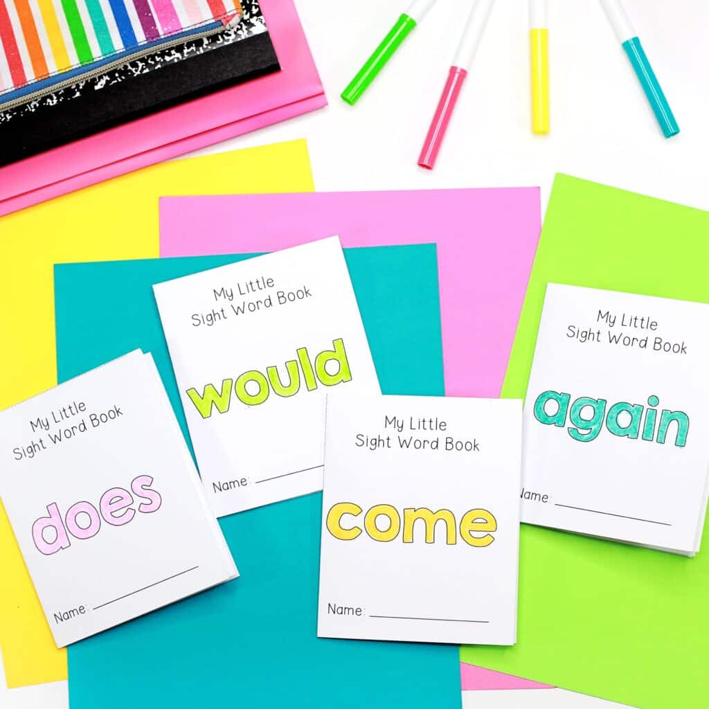 The outside covers of printable sight word booklets for the words does, would, come, again