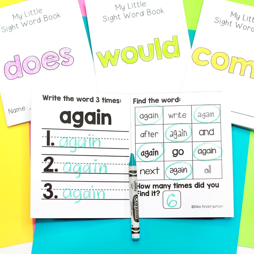 The inside of a sight word booklet for the word "again"