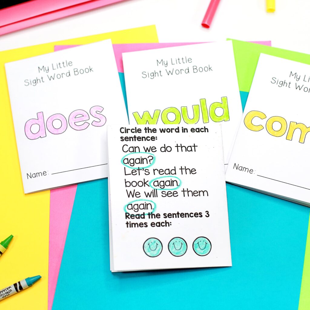 The back cover of a printable sight word book for the word "again"